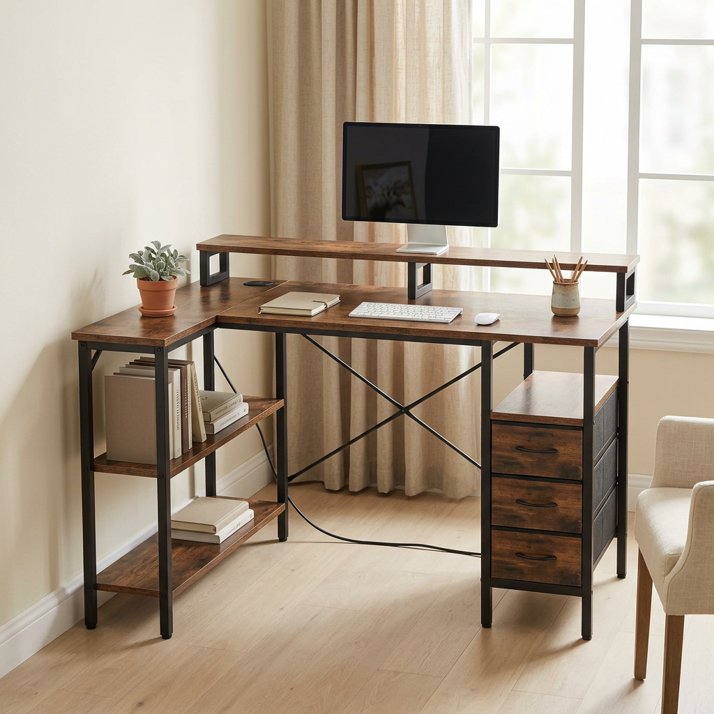 L-Shaped Computer Desk with 3 Drawers & Monitor Stand