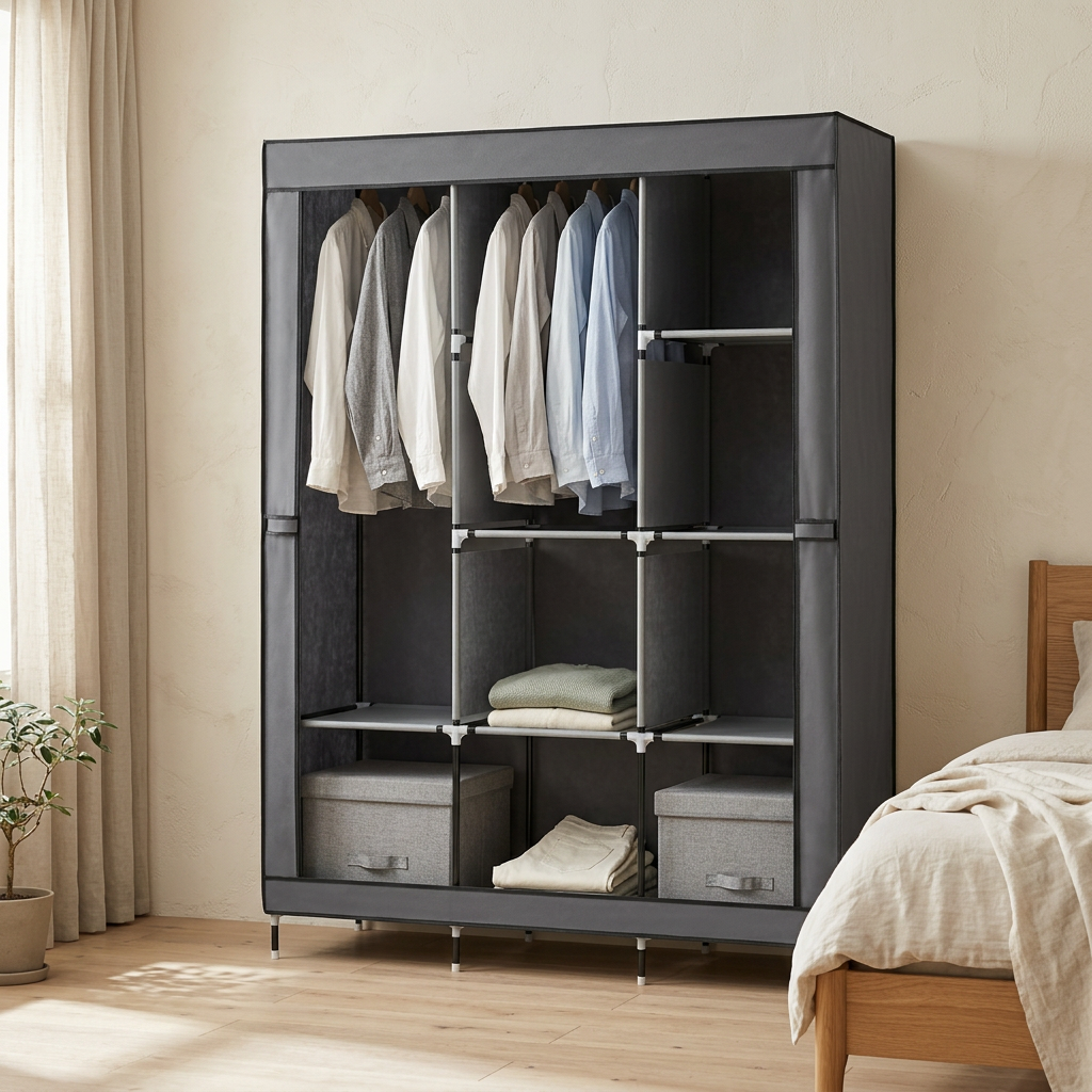 Portable Clothes Wardrobe with 8 Shelves & Cover, Grey