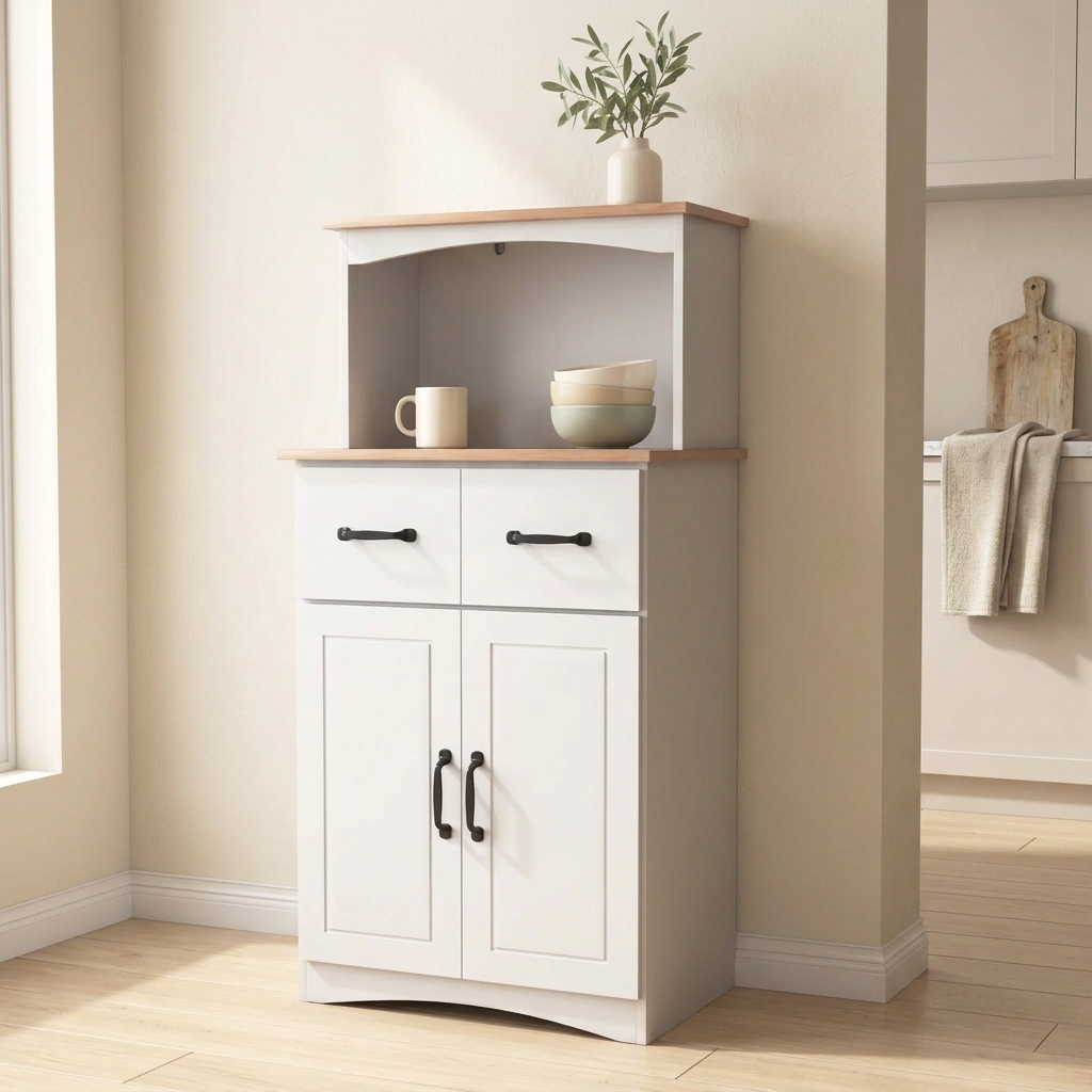 White Kitchen Pantry & Microwave Cabinet with Drawer