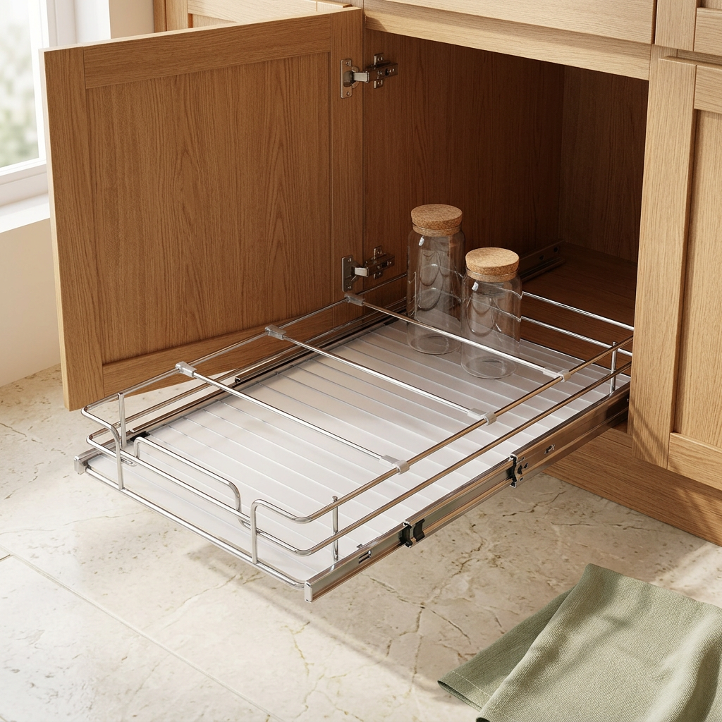 Pull-Out Cabinet Organizer with Sliding Storage Basket