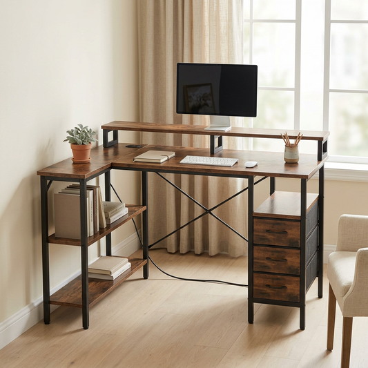 L-Shaped Computer Desk with 3 Drawers & Monitor Stand