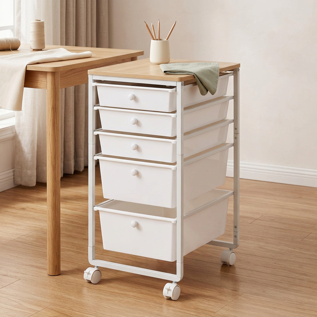 White 5-Drawer Rolling Storage Cart with Wood Top