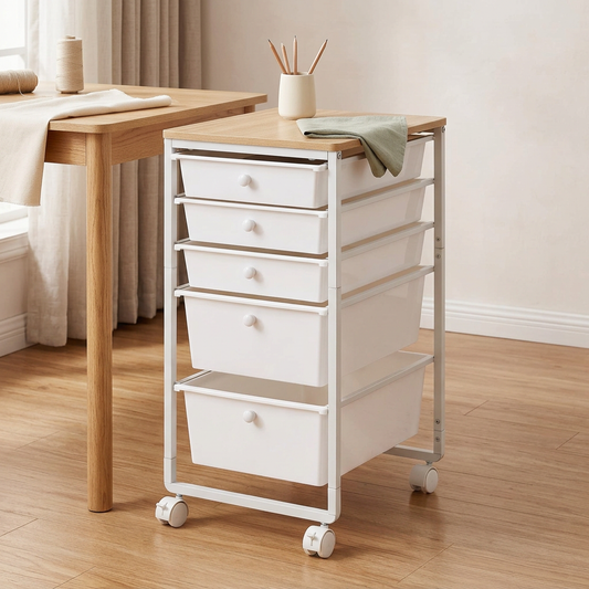 White 5-Drawer Rolling Storage Cart with Wood Top