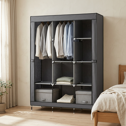 Portable Clothes Wardrobe with 8 Shelves & Cover, Grey