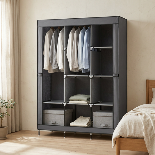 Portable Clothes Wardrobe with 8 Shelves & Cover, Grey