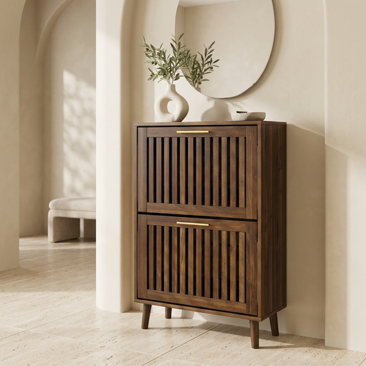 Slim Walnut-Finish Shoe Cabinet with 2 Flip Drawers